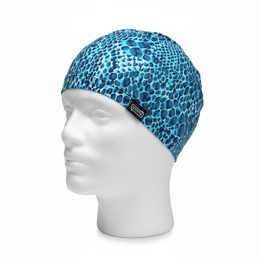 Turquoise leopard print lycra cap on mannequin - left side view with brand