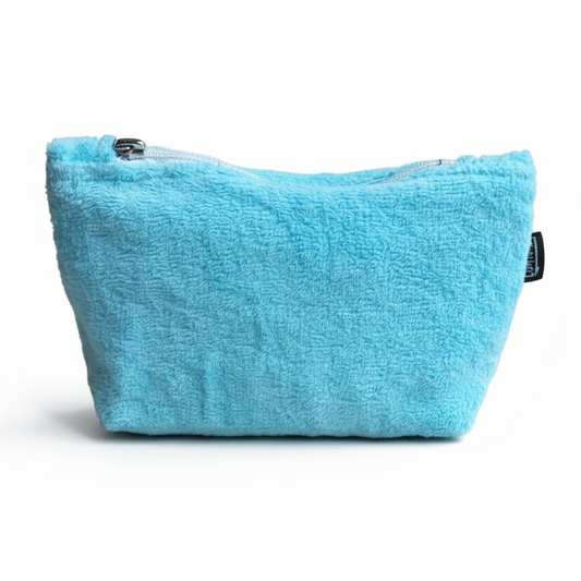 Turquoise plush pouch on white background