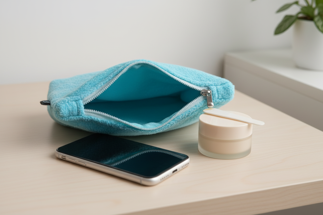 Turquoise pouch storing phone and cream