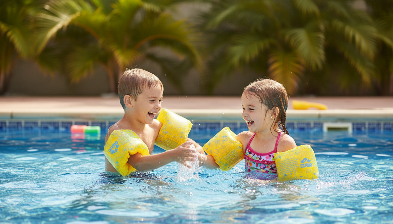 Two children playing in pool with armbands