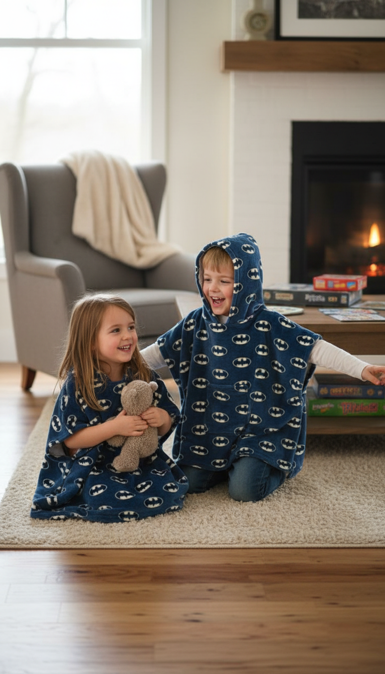Two kids in Batman ponchos