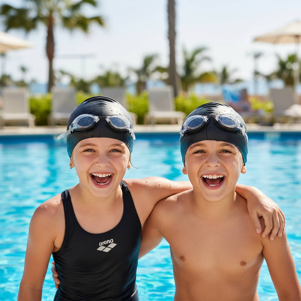 Two kids together with Arena swim caps