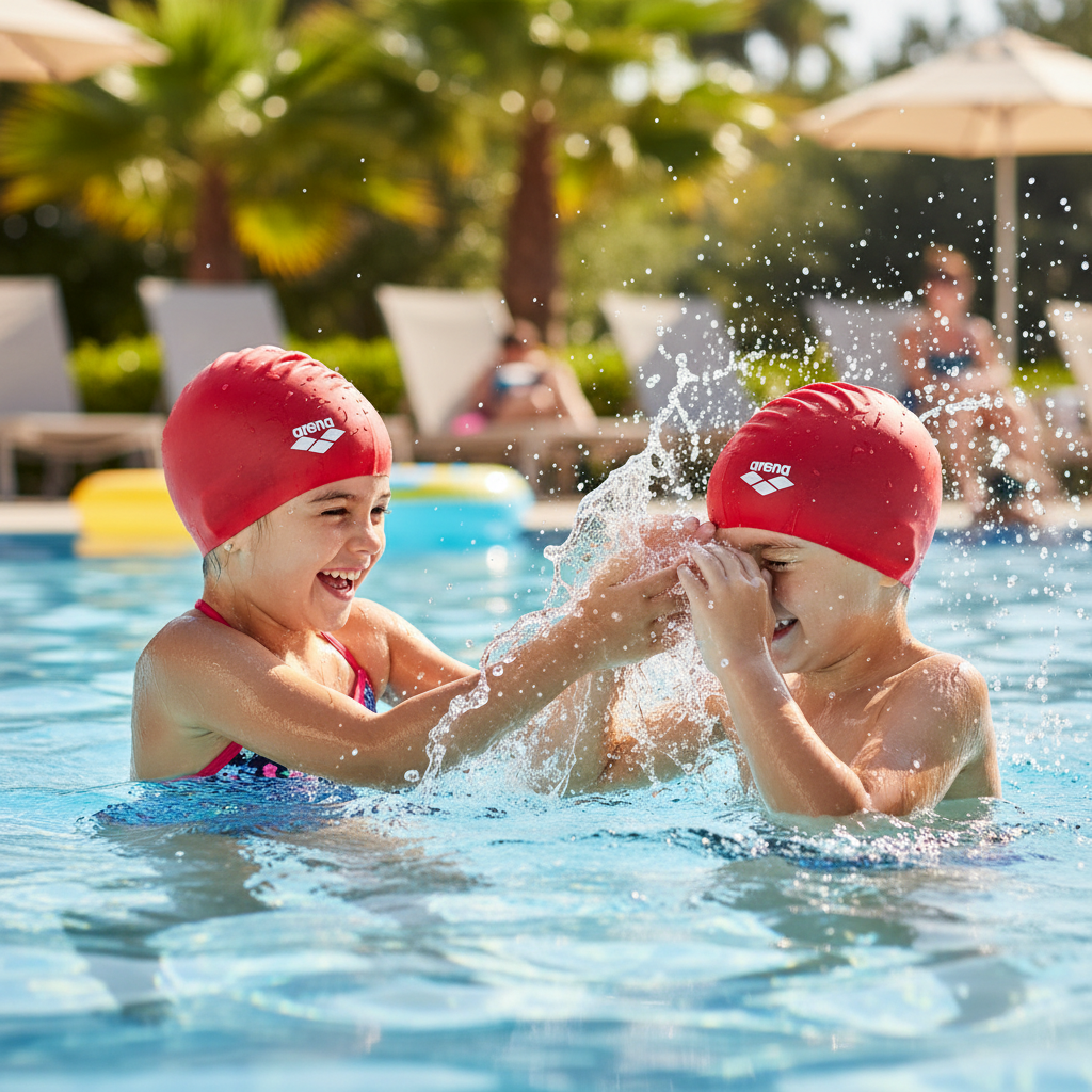 Two kids with red Arena swim caps