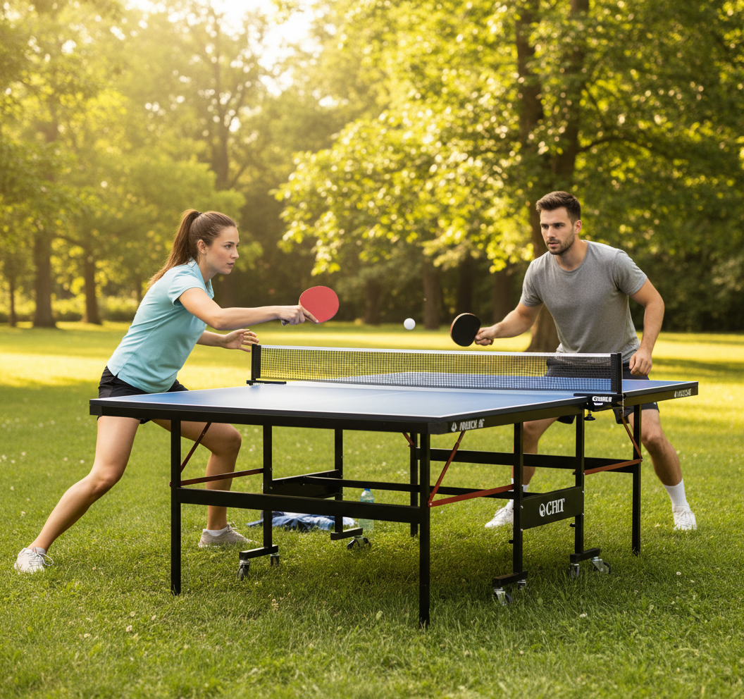 Two people playing table tennis outdoors