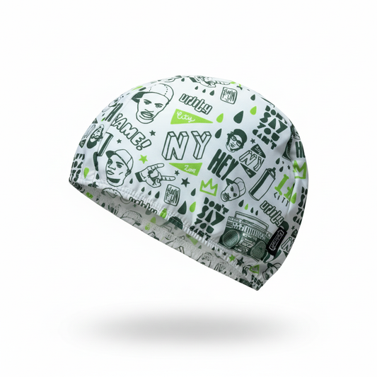 Urban graffiti patterned lycra cap - left side floating view