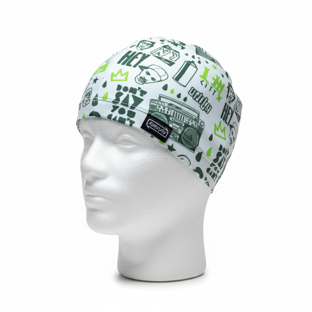 Urban graffiti patterned lycra cap on mannequin - left side view