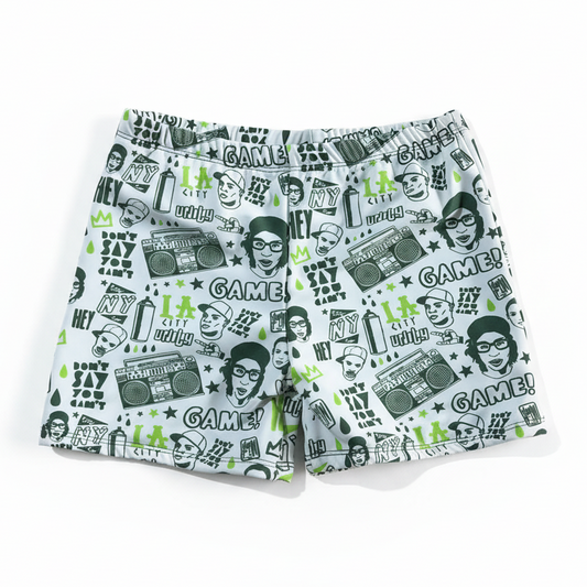 Urban street art print swim shorts on white background
