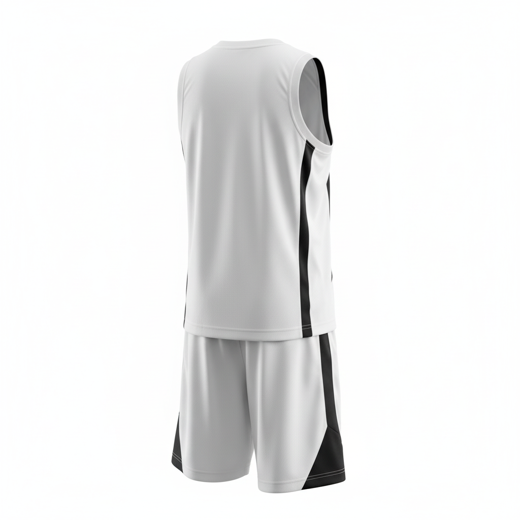 White and black basketball uniform back view ghost mannequin
