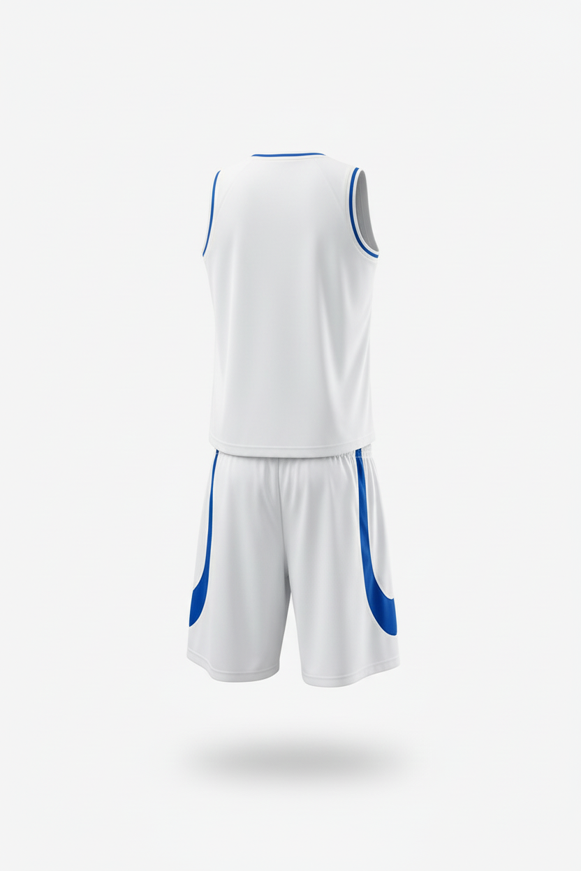 White and blue basketball uniform back view