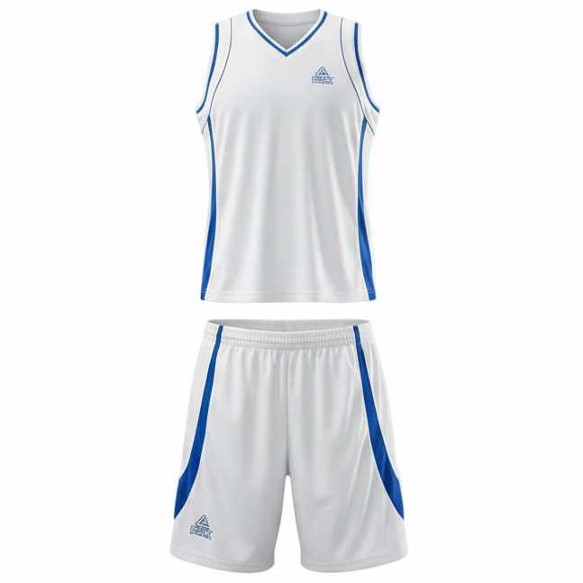 White and blue basketball uniform front view ghost mannequin