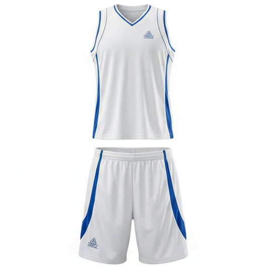 White and blue basketball uniform front view ghost mannequin