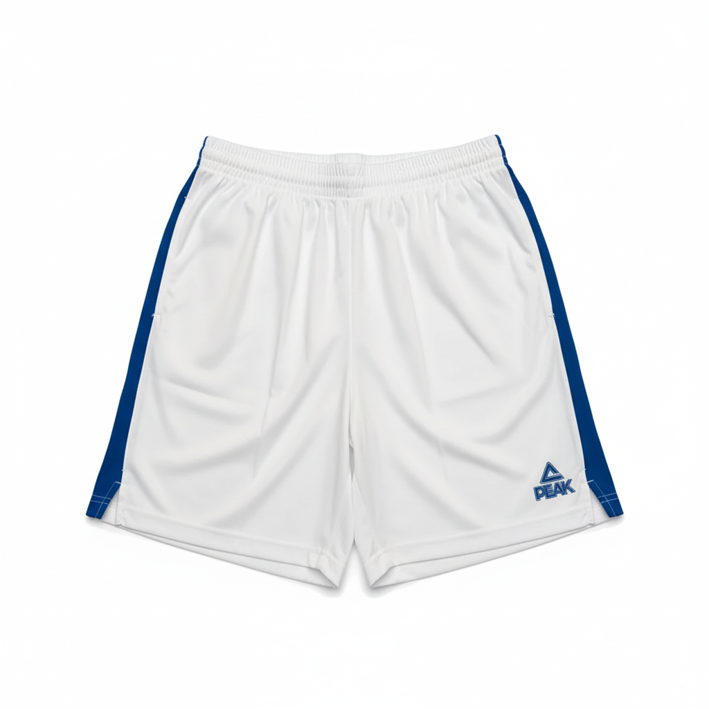 White and blue PEAK shorts on white background