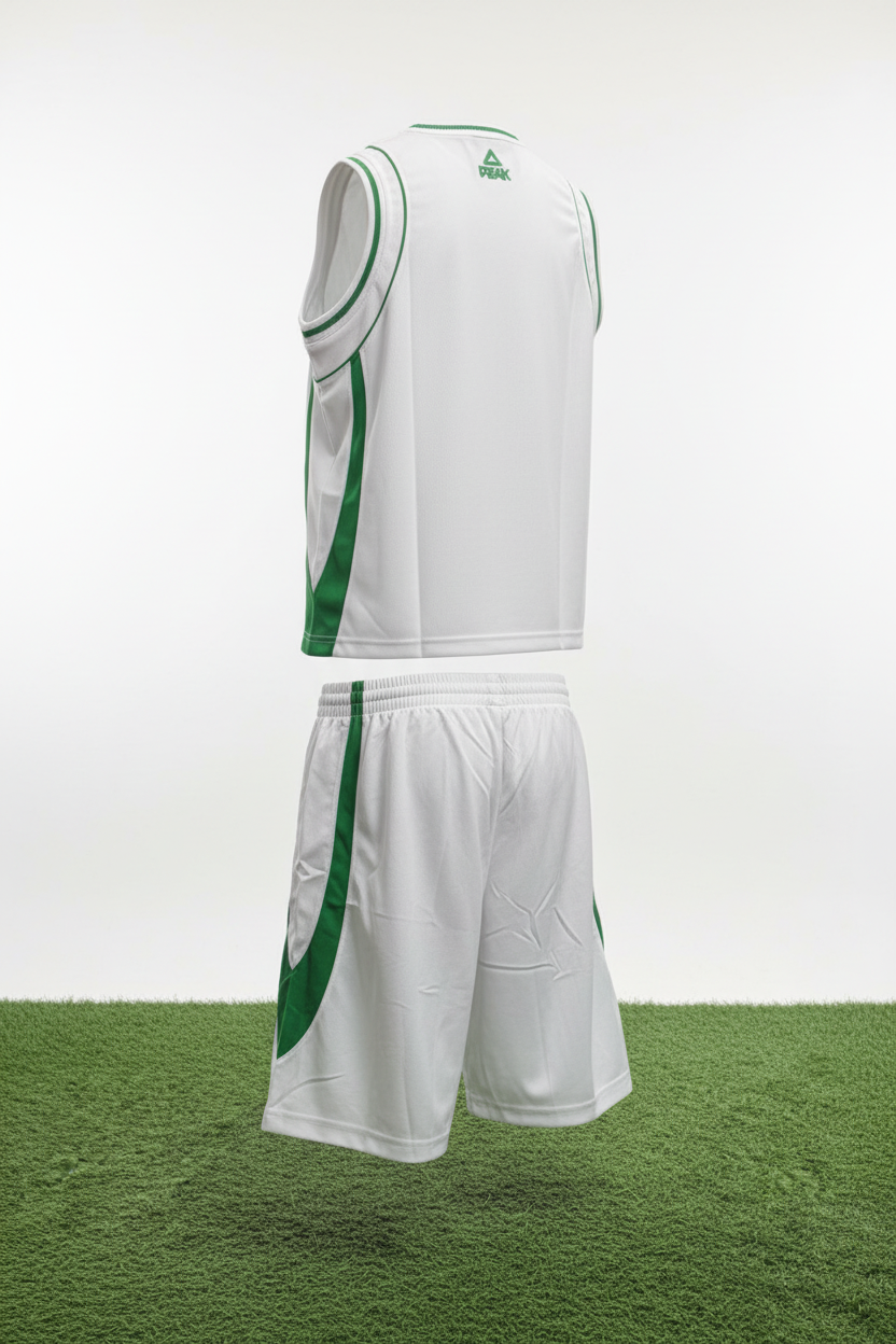 White and green basketball uniform back view