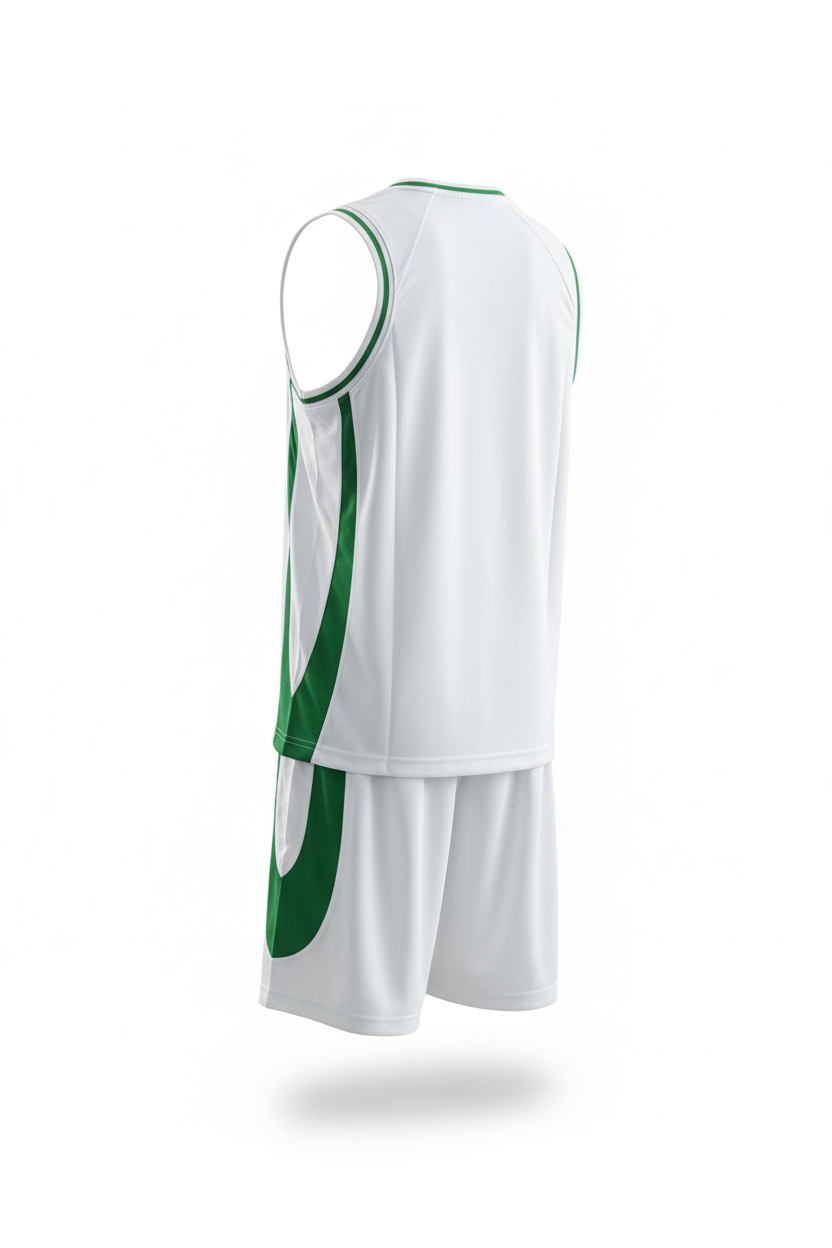 White and green basketball uniform back view