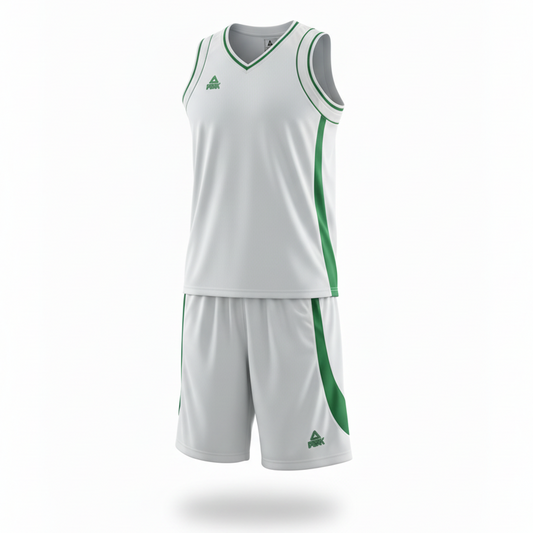 White and green basketball uniform front view ghost mannequin