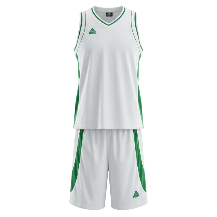 White and green basketball uniform front view ghost mannequin