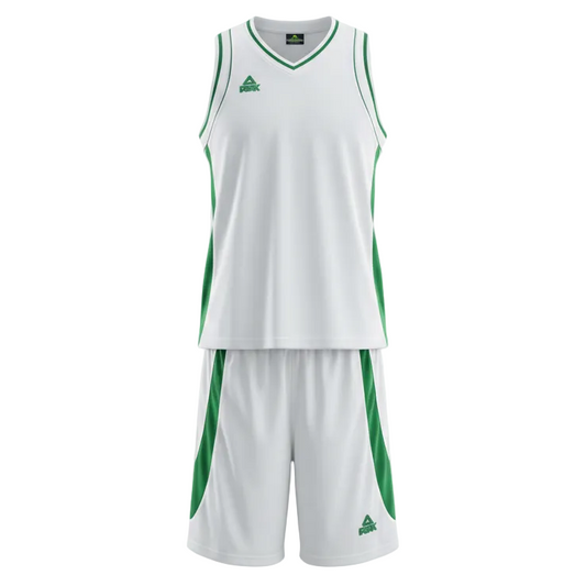 White and green basketball uniform front view ghost mannequin
