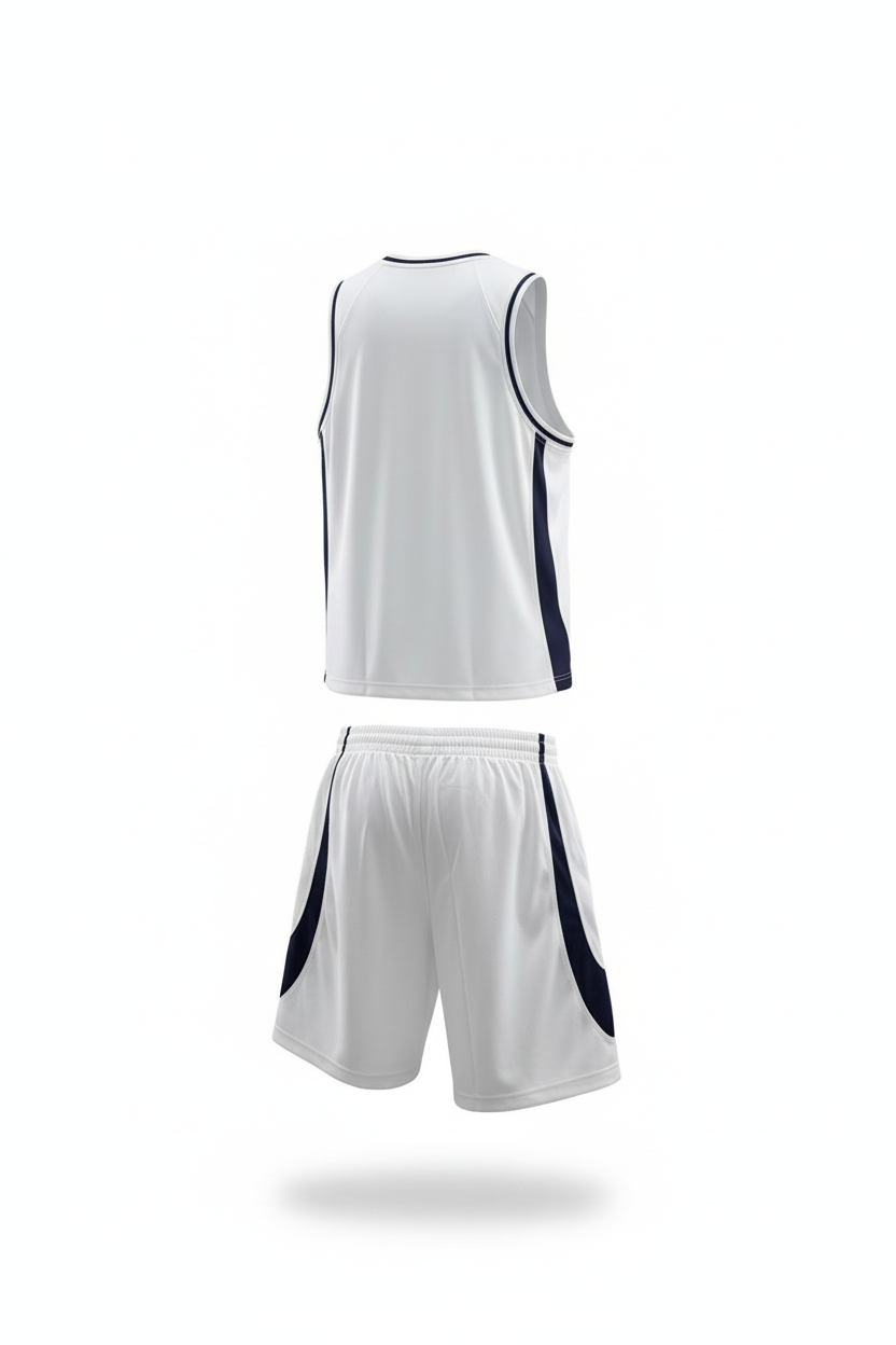 White and navy basketball uniform back view