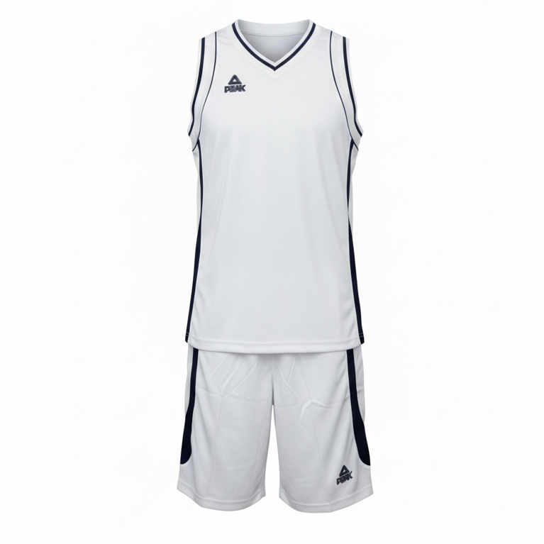White and navy basketball uniform front view ghost mannequin
