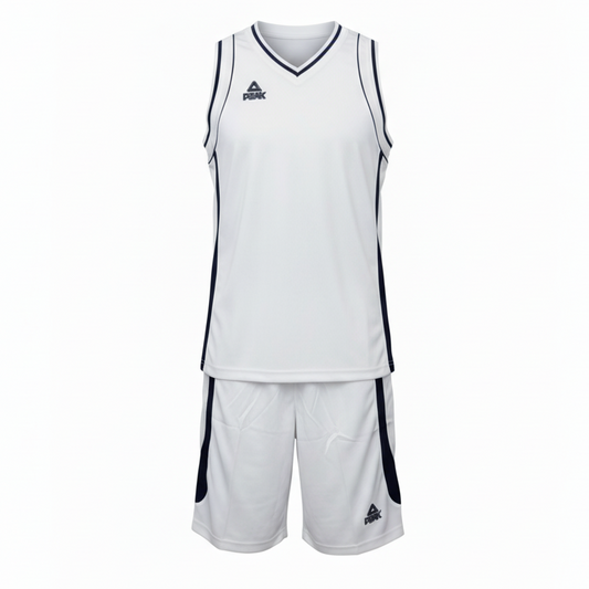 White and navy basketball uniform front view ghost mannequin