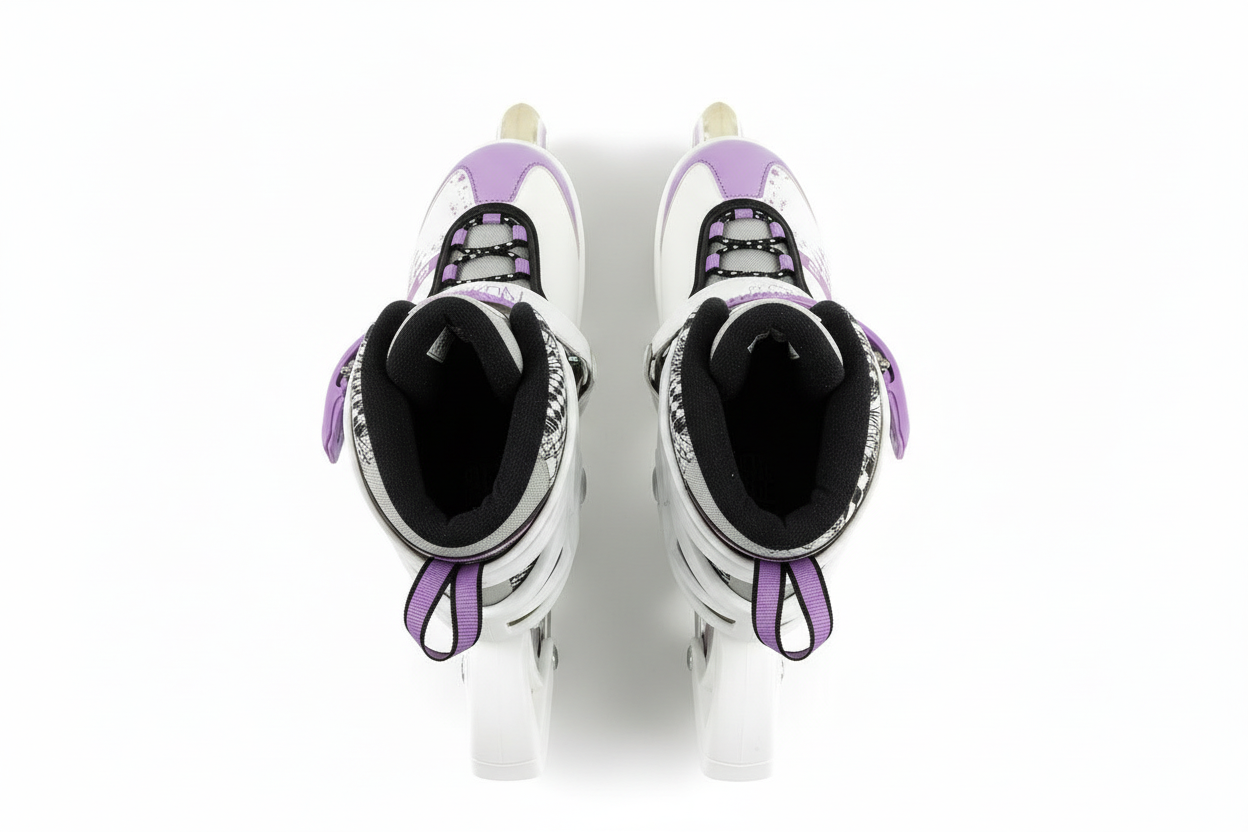 White and purple inline skates top view