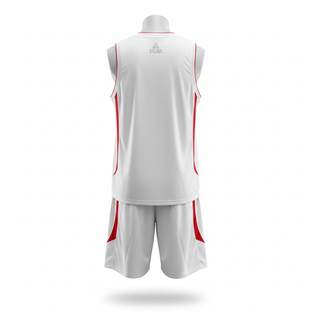 White and red basketball uniform back view ghost mannequin