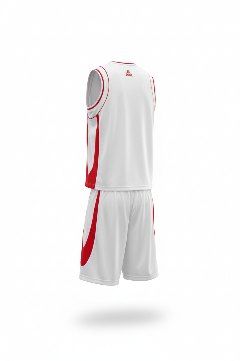 White and red basketball uniform back view