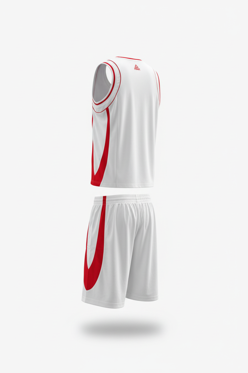 White and red basketball uniform back view
