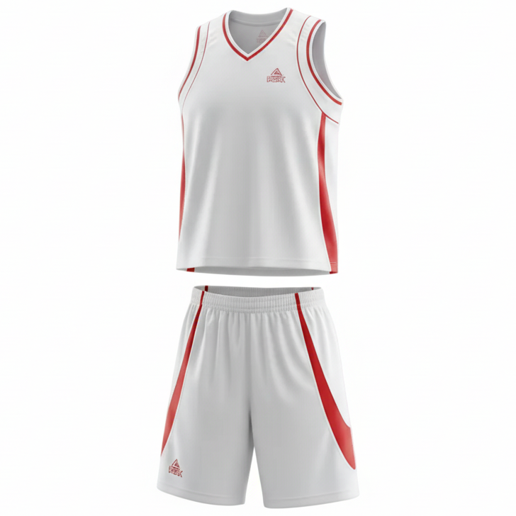 White and red basketball uniform front view ghost mannequin