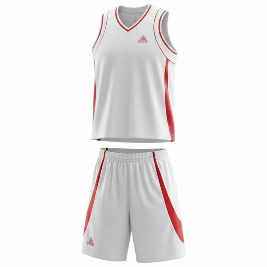 White and red basketball uniform front view ghost mannequin