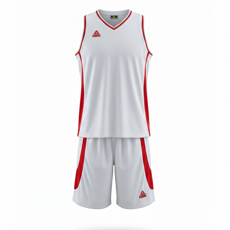 White and red basketball uniform front view ghost mannequin