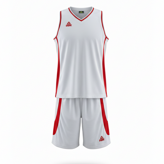 White and red basketball uniform front view ghost mannequin