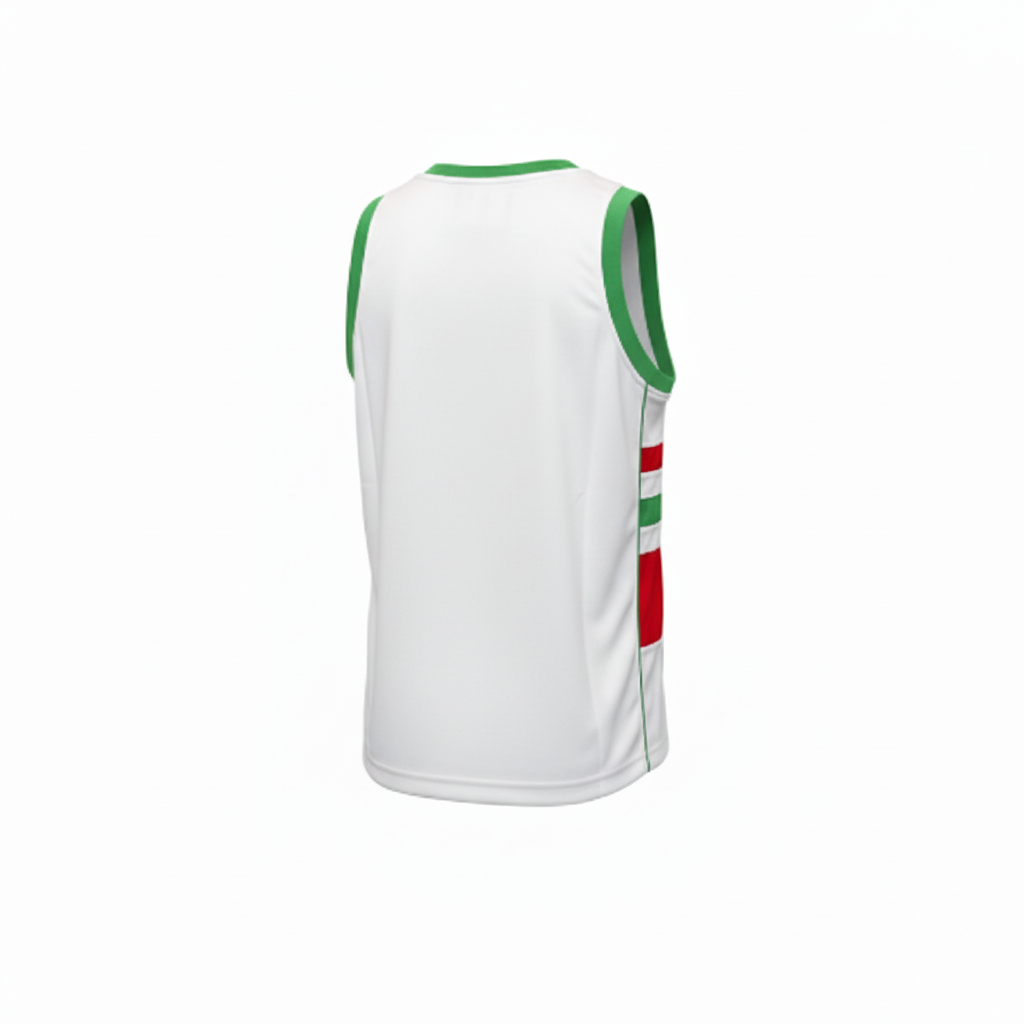 White basketball jersey back view with green and red trim