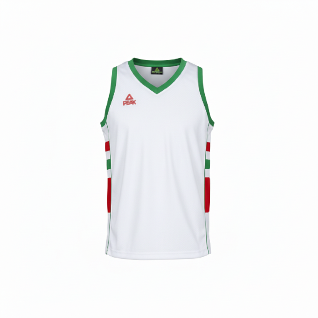 White basketball jersey only with green and red trim