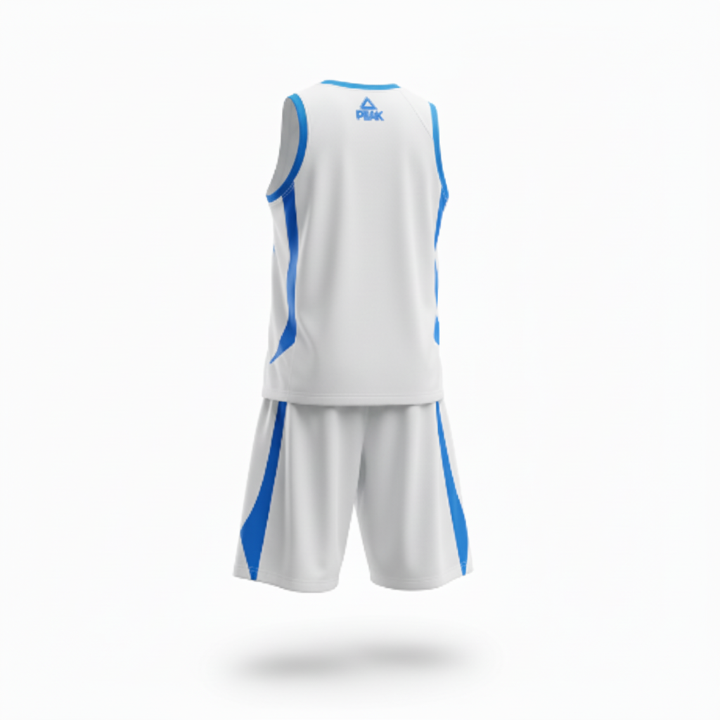 White basketball uniform back view with blue trim