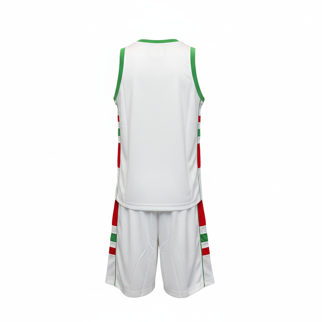 White basketball uniform back view with green and red trim ghost mannequin