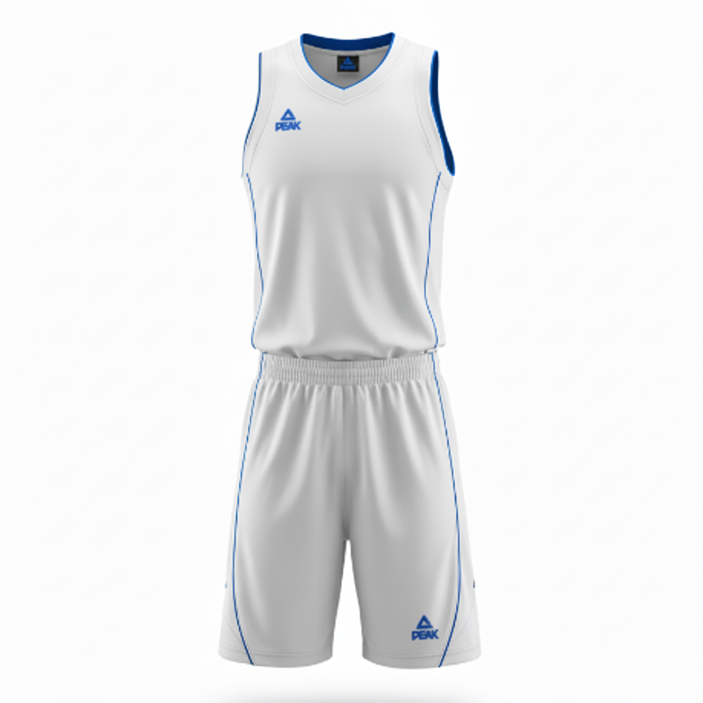 White basketball uniform with blue trim