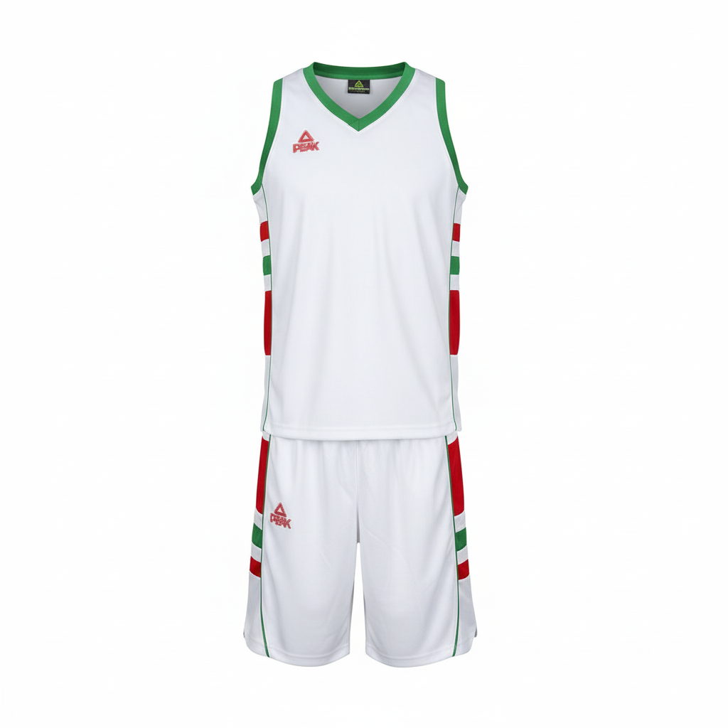 White basketball uniform with green and red trim ghost mannequin