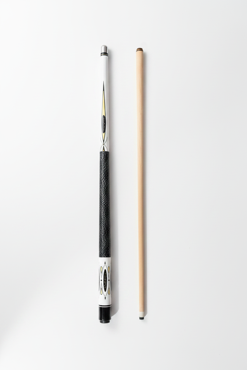 White & Black Billiard Cue Two-Piece White Background