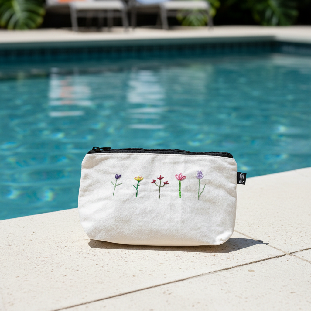 White embroidered flower pouch at poolside