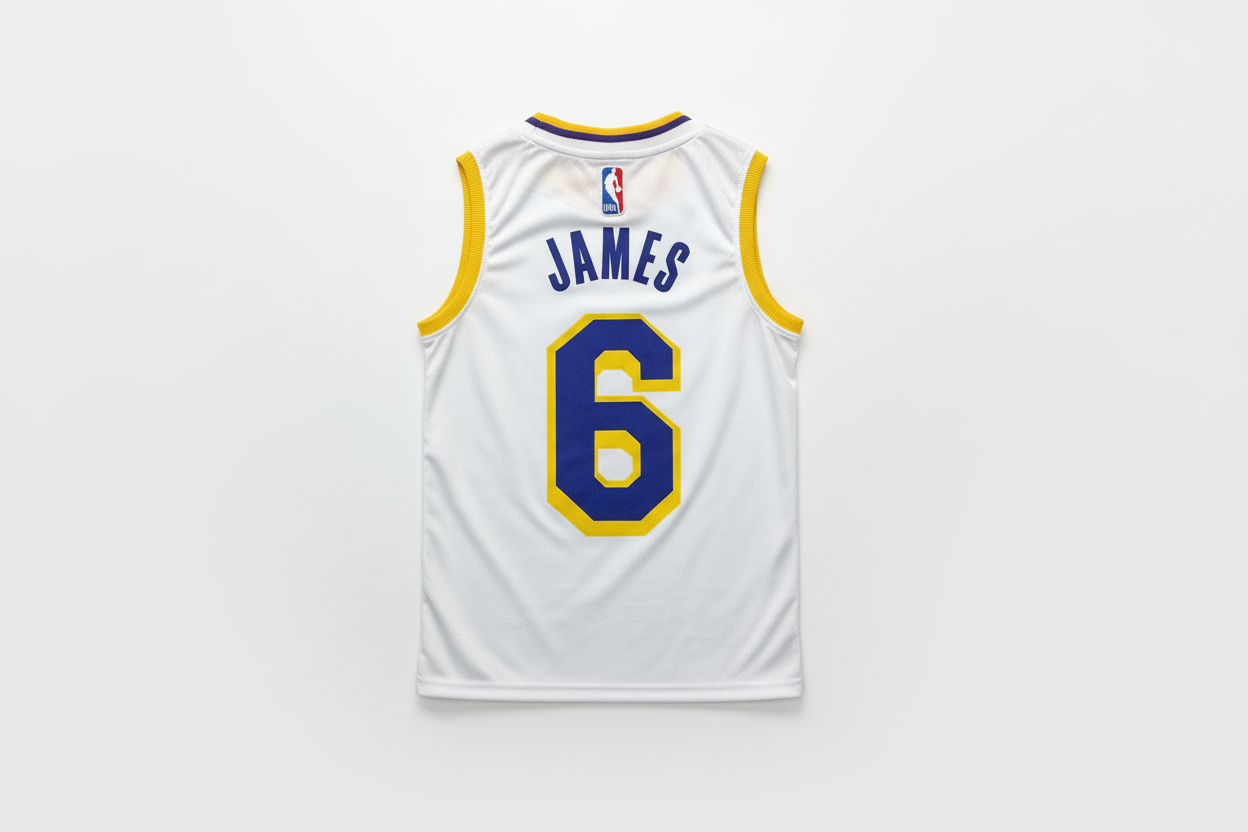 White Lakers jersey back view on white background