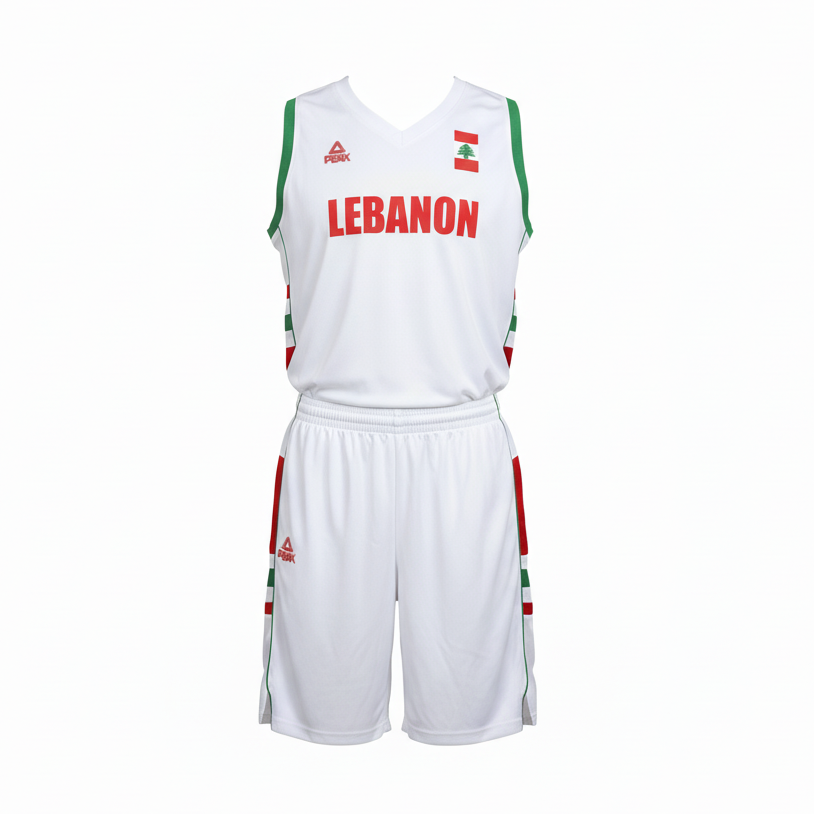 White Lebanon basketball uniform without mannequin