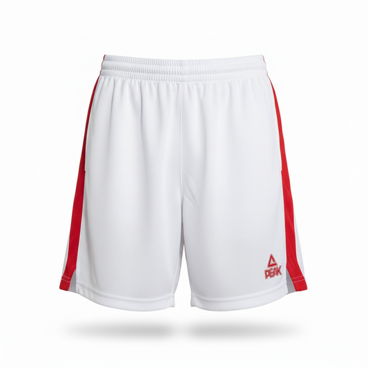 White PEAK shorts with red side stripes on white background