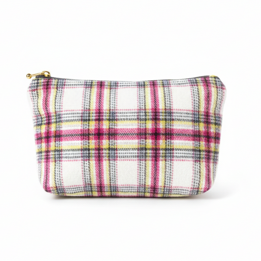 White, pink, and yellow plaid clutch pouch on white background
