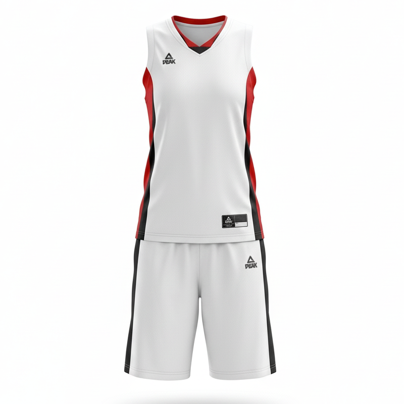 White, red, and black basketball uniform without mannequin