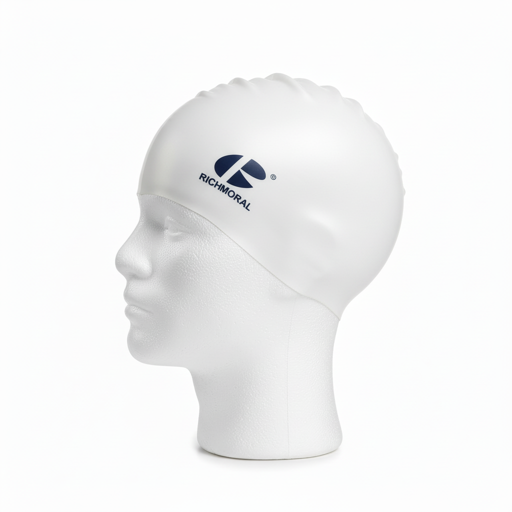 White RICHMORAL swim cap on mannequin - left side view