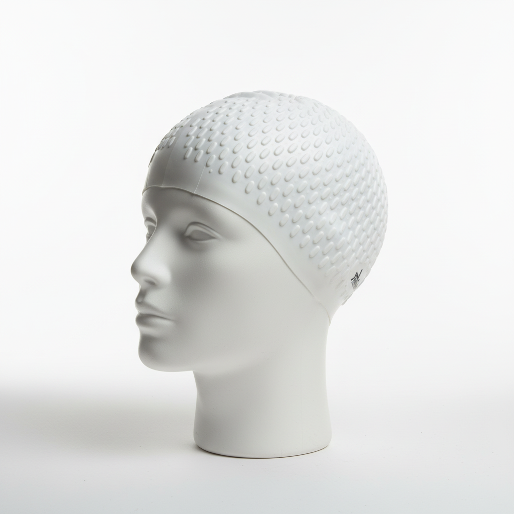 White silicone swimming cap on mannequin left side view