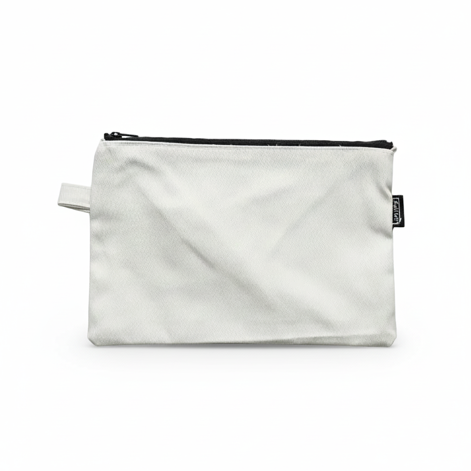 White textured pouch with black zipper on professional white background