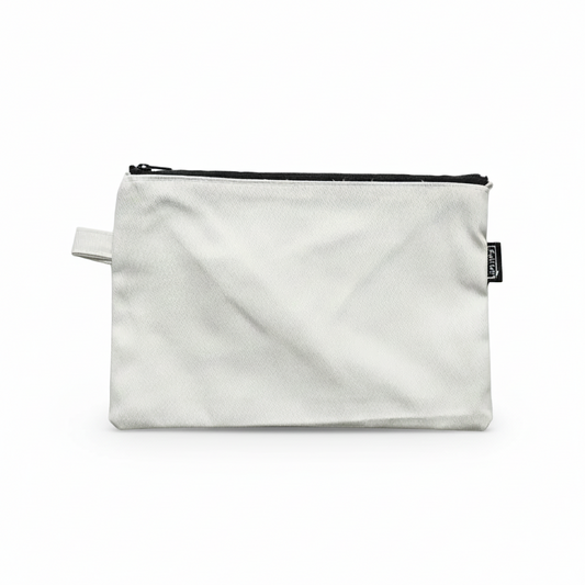 White textured pouch with black zipper on professional white background