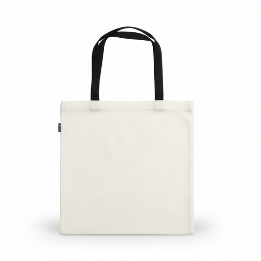 White tote bag with black handles on white background